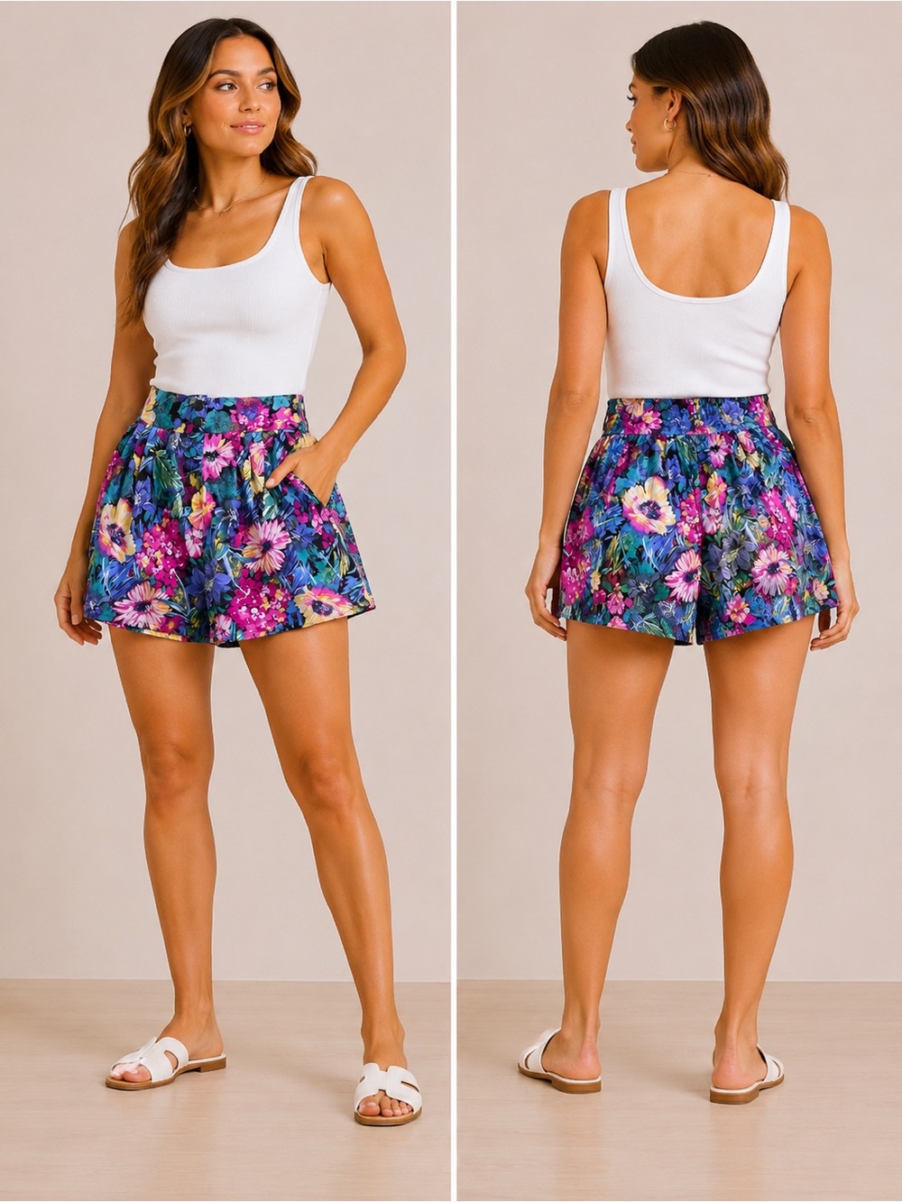 Vintage Lloyd Floral Pleated Shorts High Waist Jewel Tone Tropical Size 14